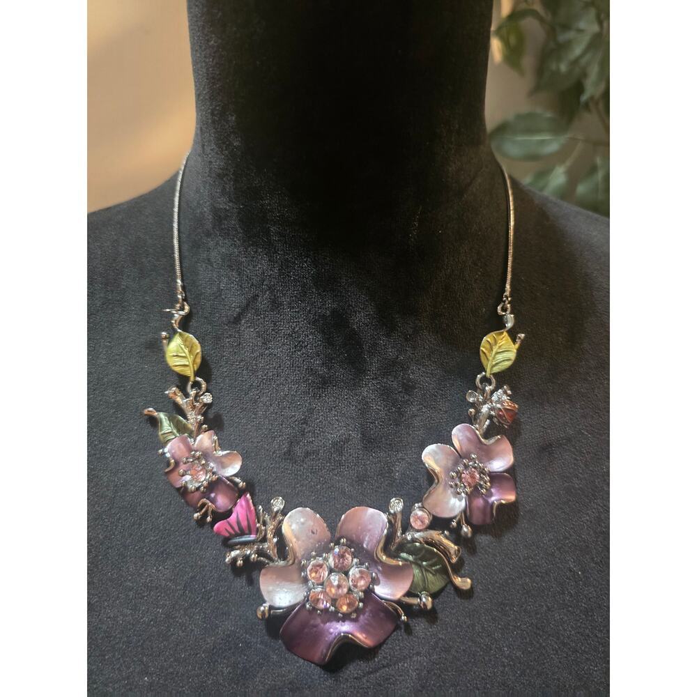 Women's Purple Floral Necklace With Rhinestones And Lobster Clasp Closure